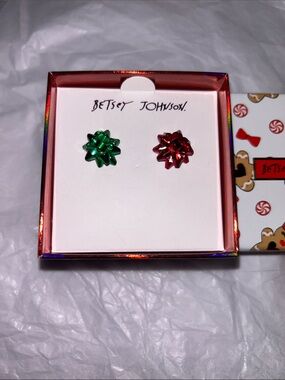 Betsey Johnson Christmas Gift Bow mix match style metallic Stud Earrings NIB/NWT